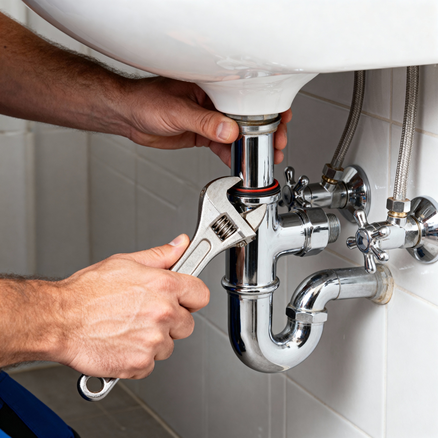 Plumber repairing sink pipes with a wrench